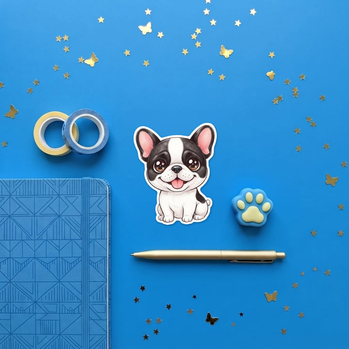 French Bulldog Black and White Pied kawaii 3 inch sticker flat lay with blue stationery