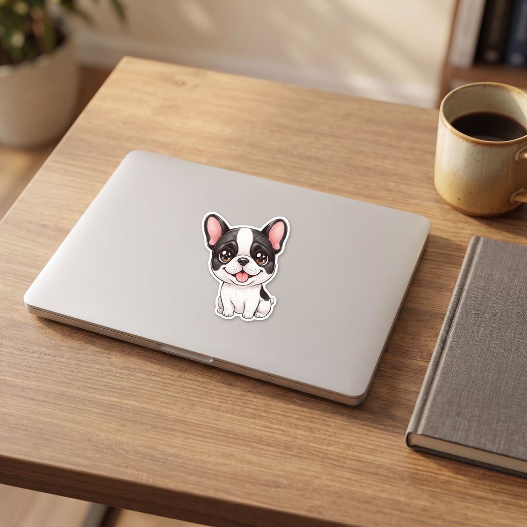 French Bulldog Black and White Pied kawaii sticker on a laptop lid on a wooden desk