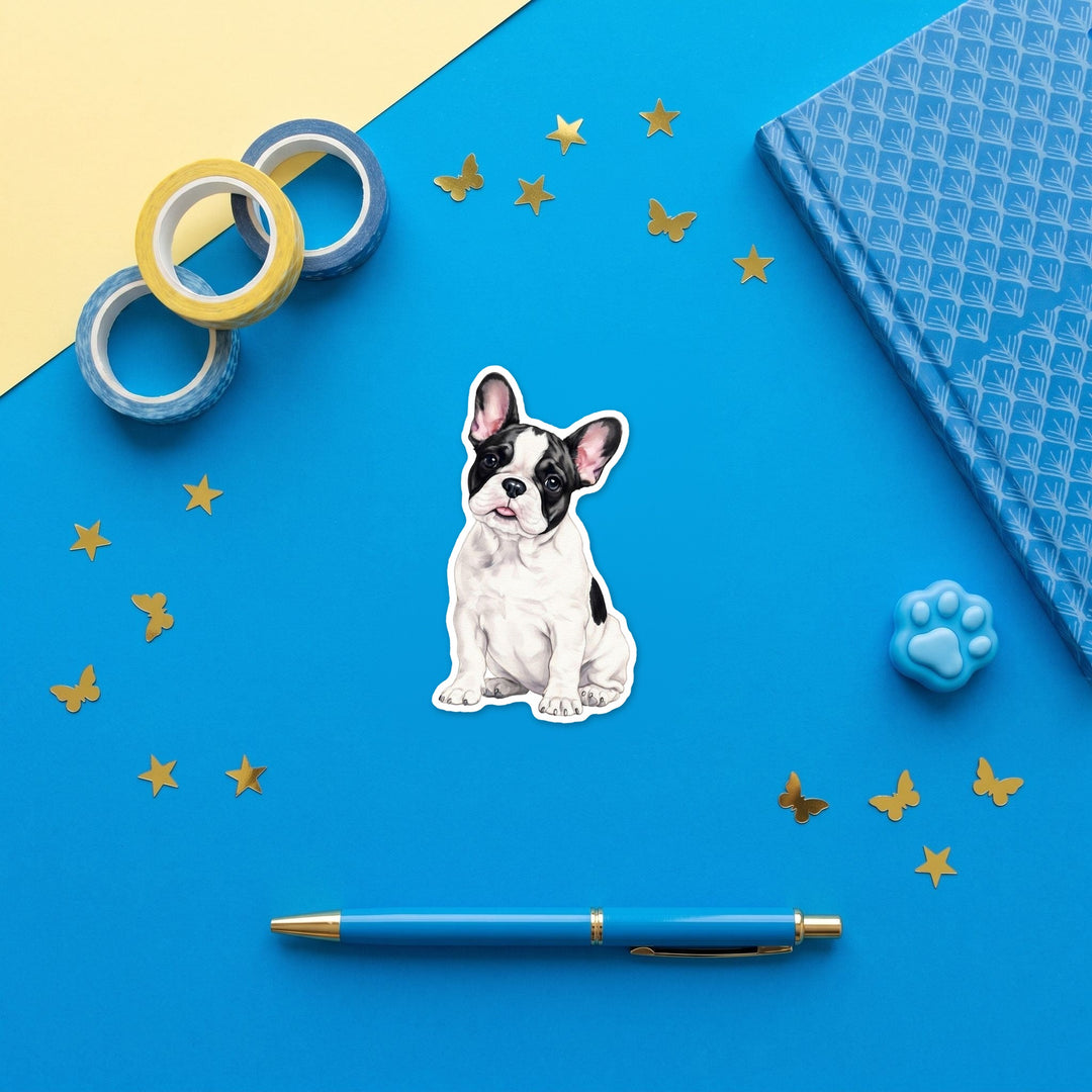 French Bulldog Black and White Pied watercolor 3 inch fridge magnet flat lay with blue stationery
