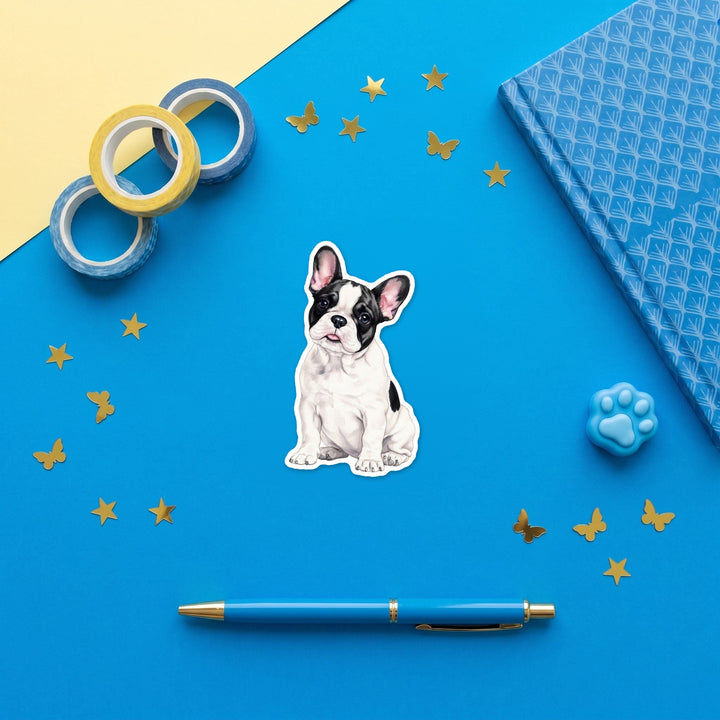 French Bulldog Black and White Pied watercolor 3 inch fridge magnet flat lay with blue stationery