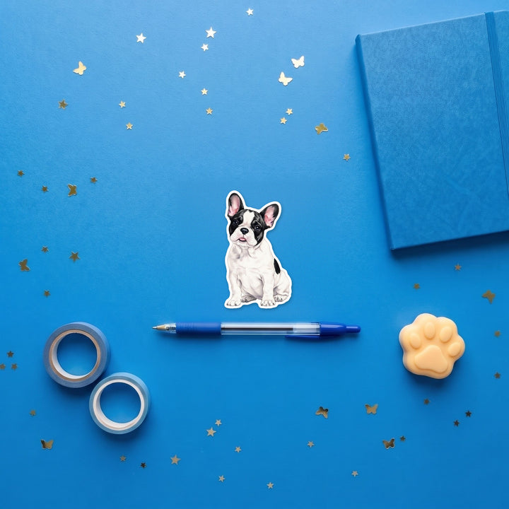 French Bulldog Black and White Pied watercolor 3 inch sticker flat lay with blue stationery