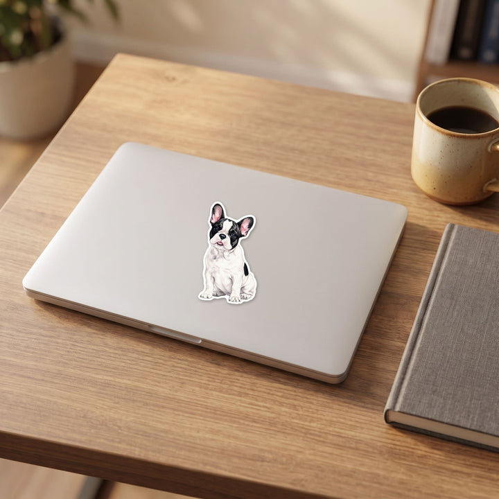 French Bulldog Black and White Pied watercolor sticker on a laptop lid on a wooden desk
