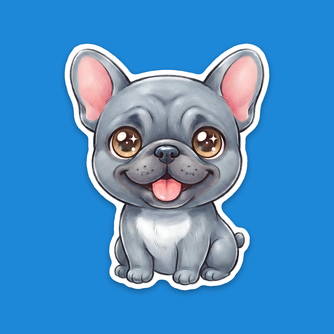 French Bulldog Blue kawaii vinyl sticker, happy Frenchie puppy in colored-pencil style – Designs by Mysh