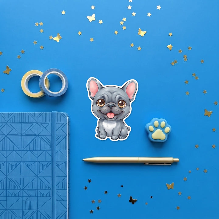 French Bulldog Blue kawaii 3 inch fridge magnet flat lay with blue stationery