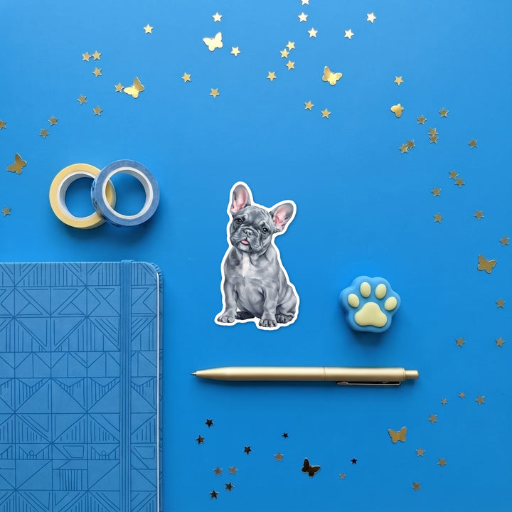 French Bulldog Blue watercolor 3 inch fridge magnet flat lay with blue stationery
