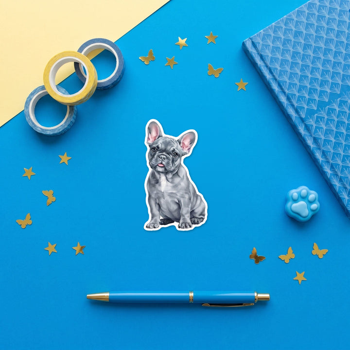 French Bulldog Blue watercolor 3 inch sticker flat lay with blue stationery
