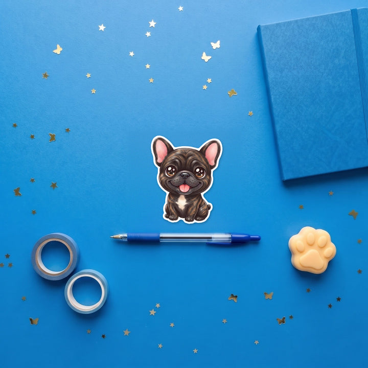 French Bulldog Brindle kawaii 3 inch fridge magnet flat lay with blue stationery