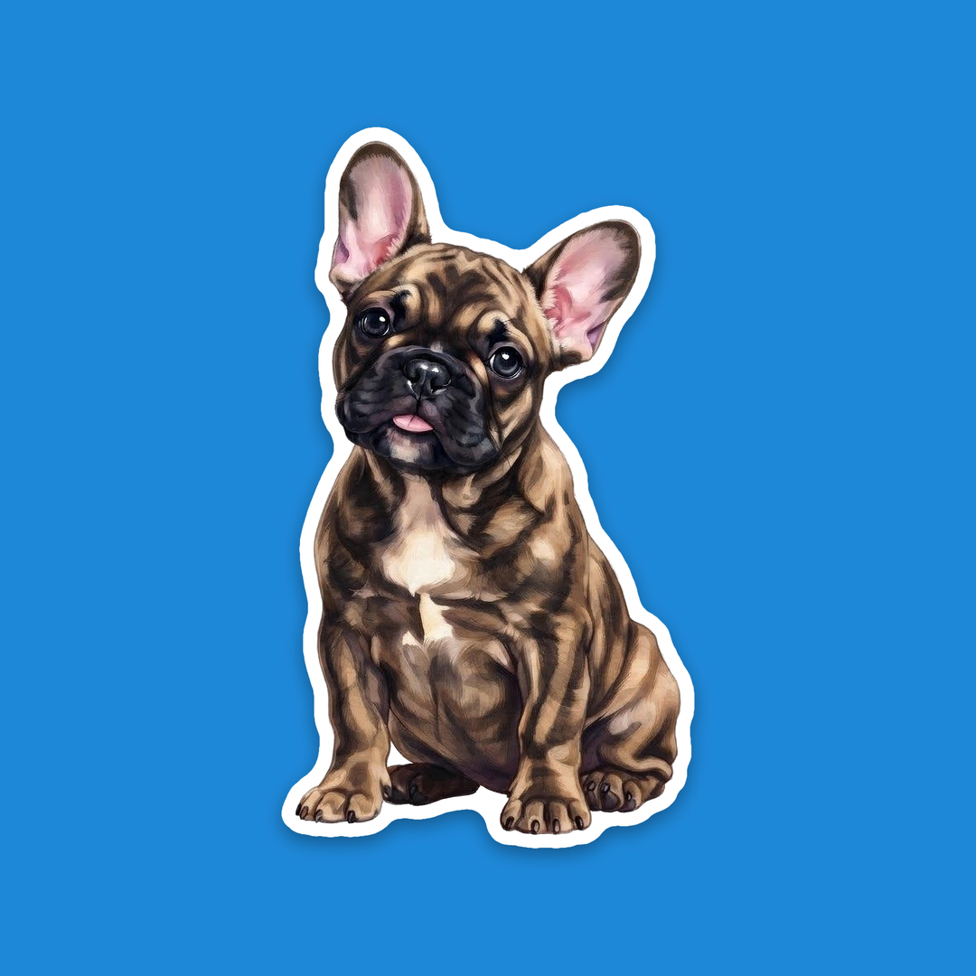 French Bulldog Brindle watercolor vinyl sticker, hand-painted style Frenchie puppy with a blep – Designs by Mysh