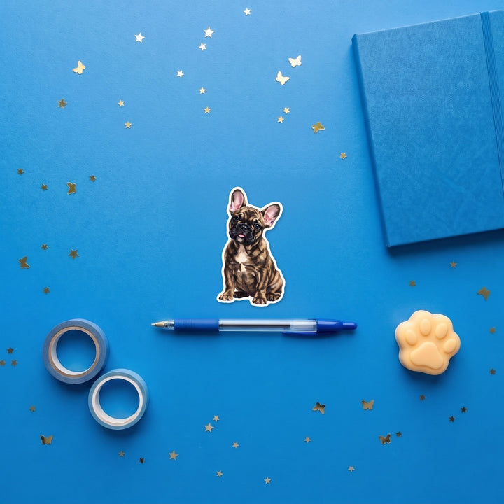 French Bulldog Brindle watercolor 3 inch fridge magnet flat lay with blue stationery