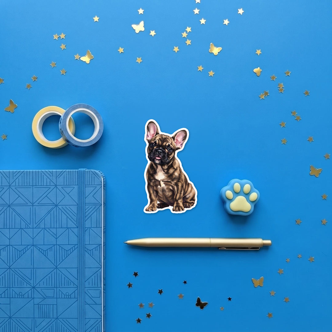 French Bulldog Brindle watercolor 3 inch sticker flat lay with blue stationery