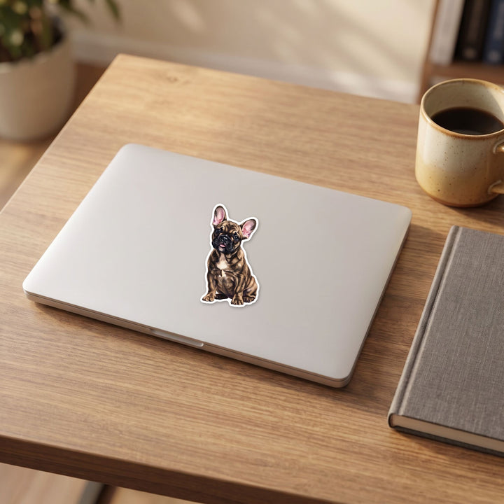 French Bulldog Brindle watercolor sticker on a laptop lid on a wooden desk
