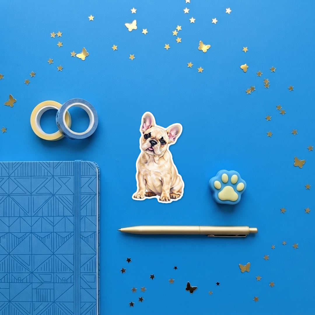 French Bulldog Cream watercolor 3 inch fridge magnet flat lay with blue stationery