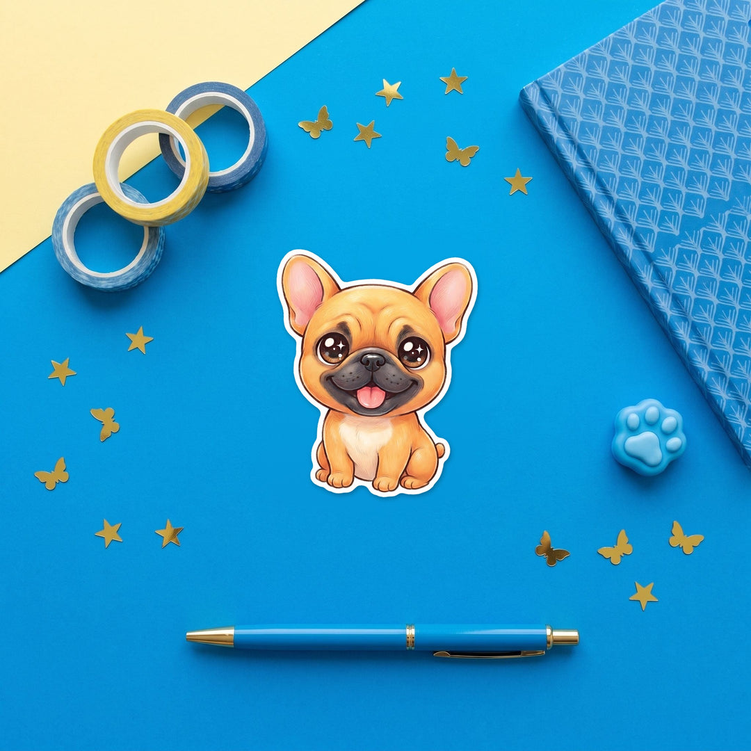 French Bulldog Fawn kawaii 3 inch fridge magnet flat lay with blue stationery
