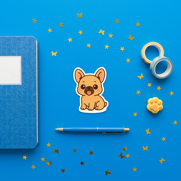 French Bulldog Fawn Kawaii Sticker in a blue flat lay
