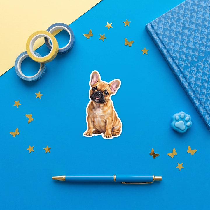 French Bulldog Fawn watercolor 3 inch fridge magnet flat lay with blue stationery