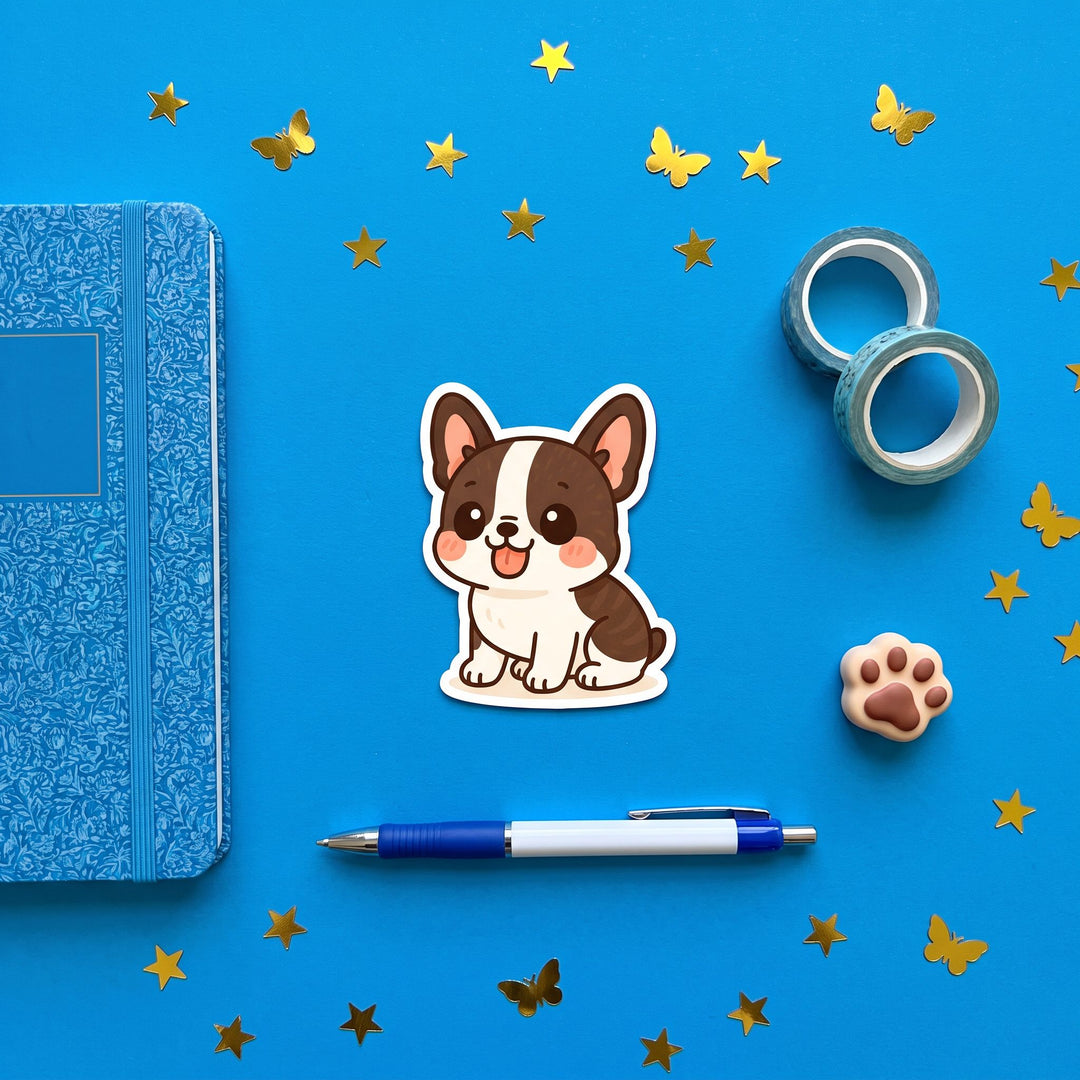French Bulldog White Brindle Kawaii Magnet brand flat lay - Designs by Mysh
