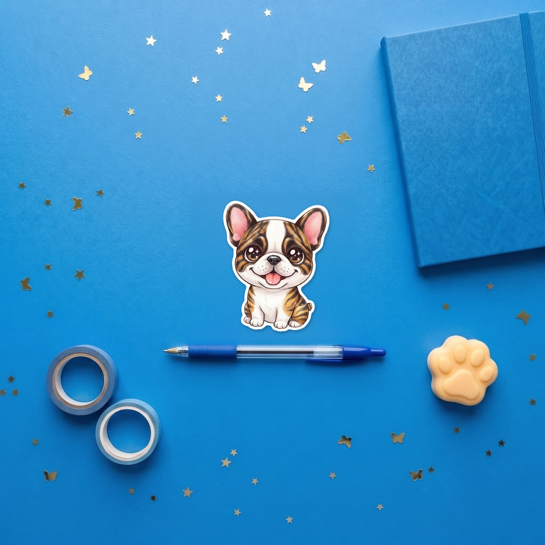 French Bulldog White and Brindle kawaii 3 inch fridge magnet flat lay with blue stationery