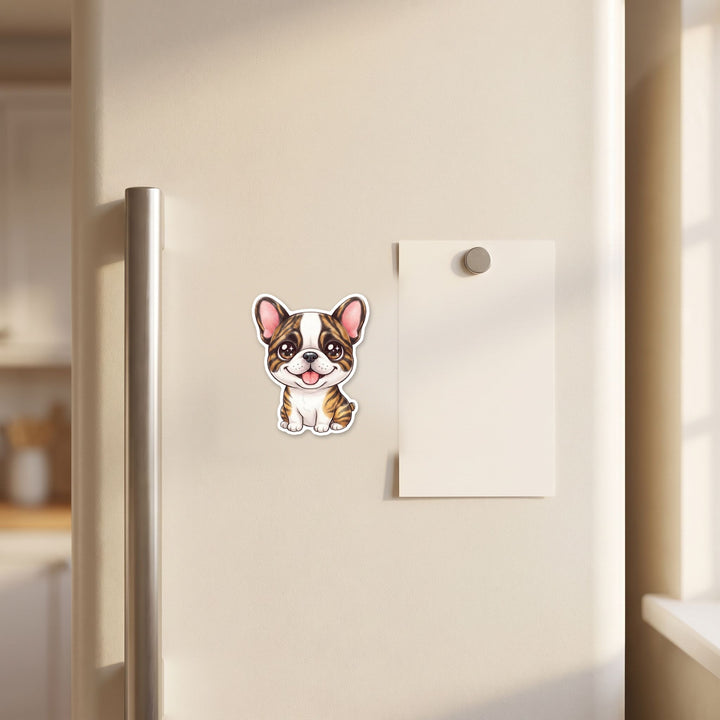 French Bulldog White and Brindle kawaii magnet on a refrigerator door