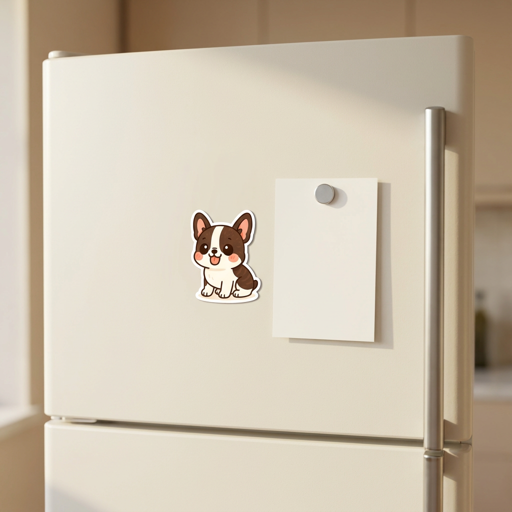 French Bulldog White Brindle Kawaii Magnet on a fridge - Designs by Mysh