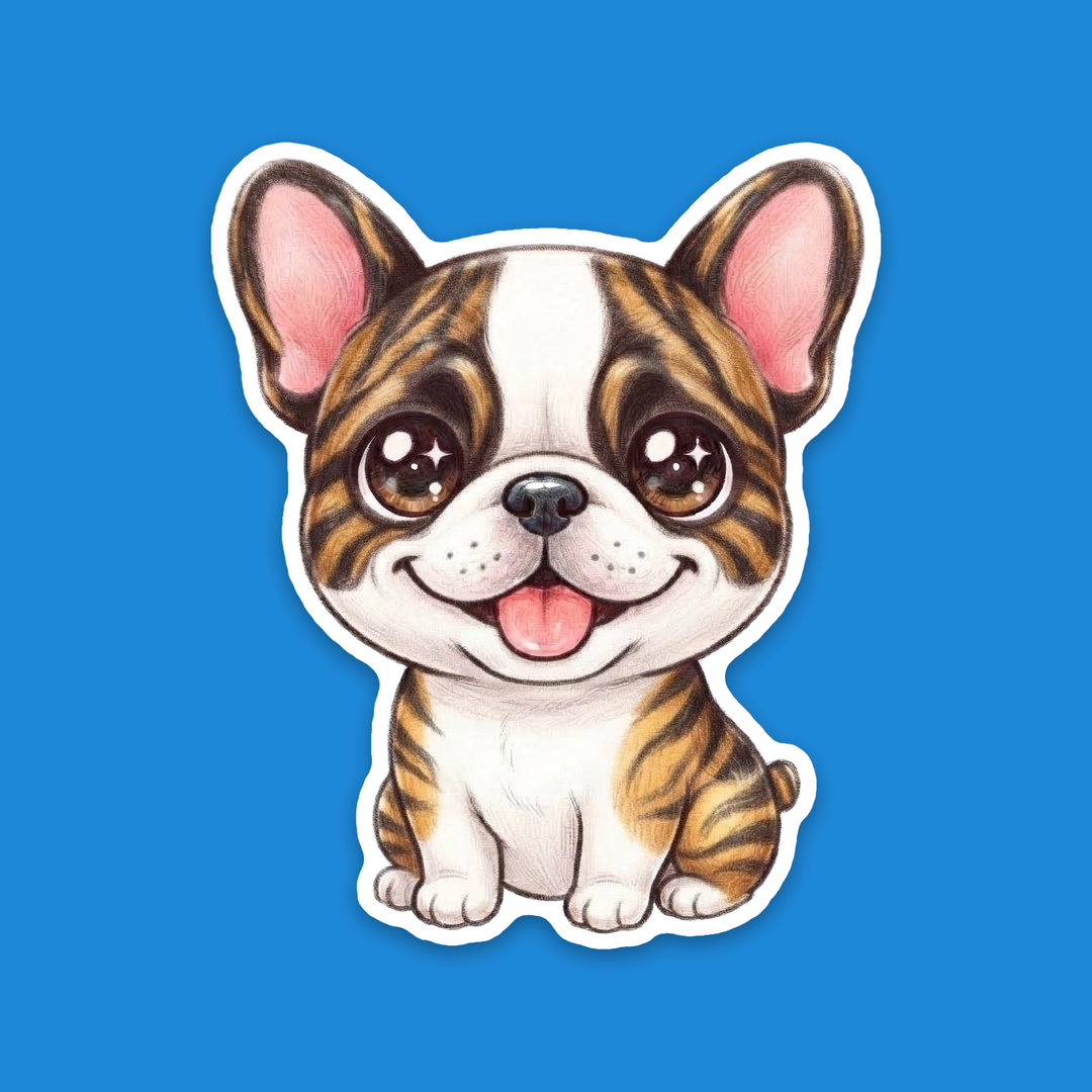 French Bulldog White and Brindle kawaii flexible fridge magnet, happy Frenchie puppy in colored-pencil style – Designs by Mysh