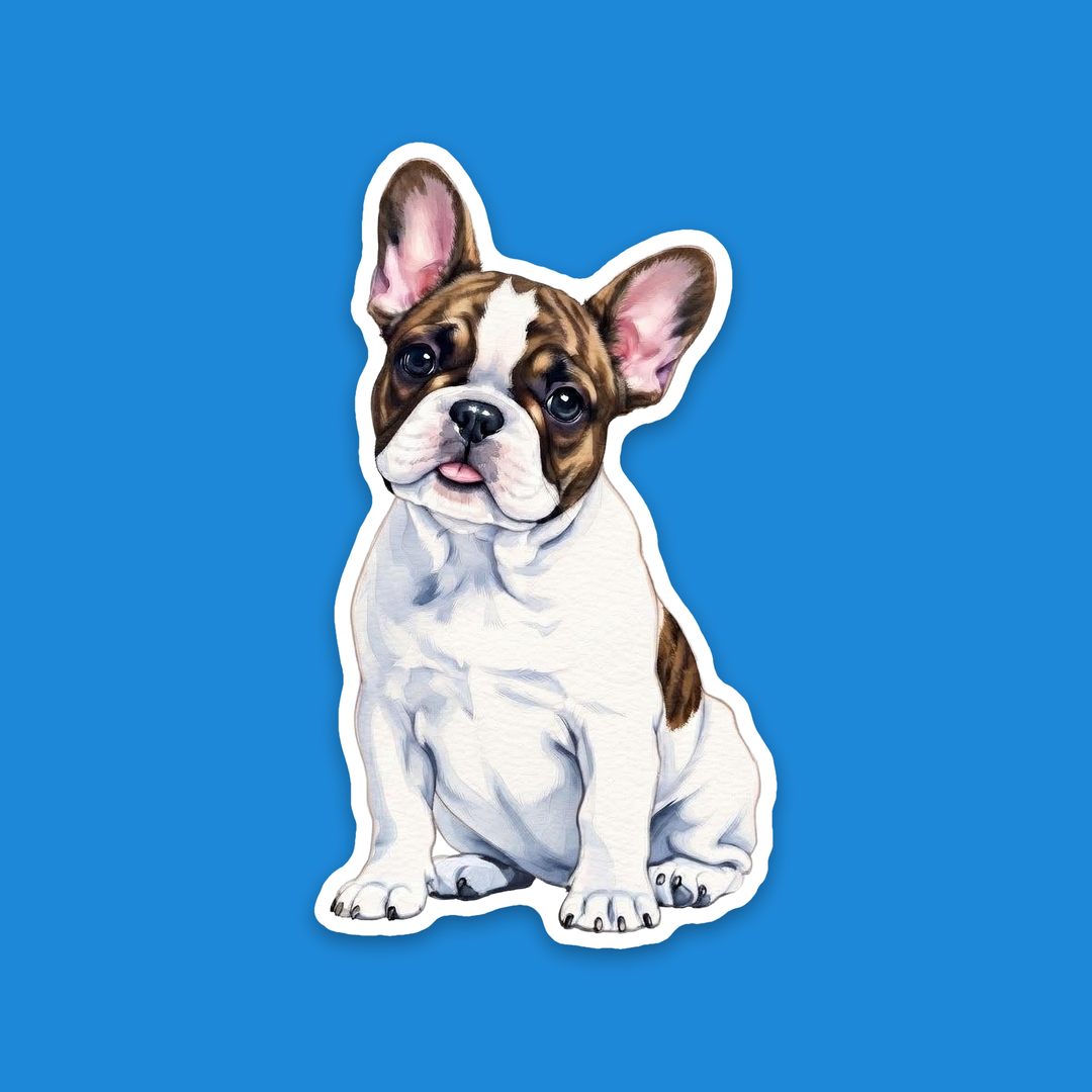 French Bulldog White and Brindle watercolor vinyl sticker, hand-painted style Frenchie puppy with a blep – Designs by Mysh