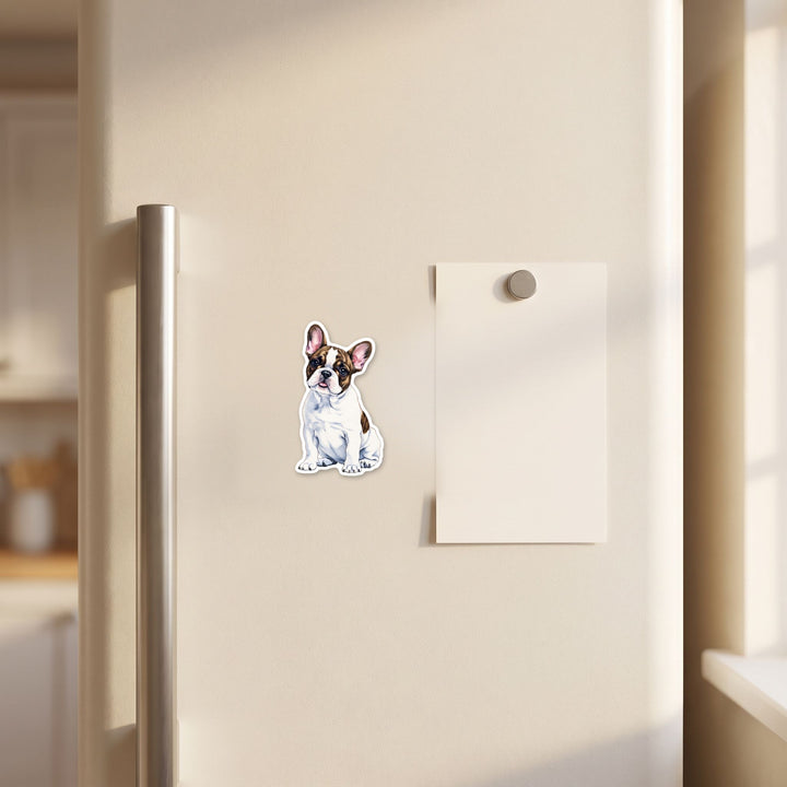 French Bulldog White and Brindle watercolor magnet on a refrigerator door