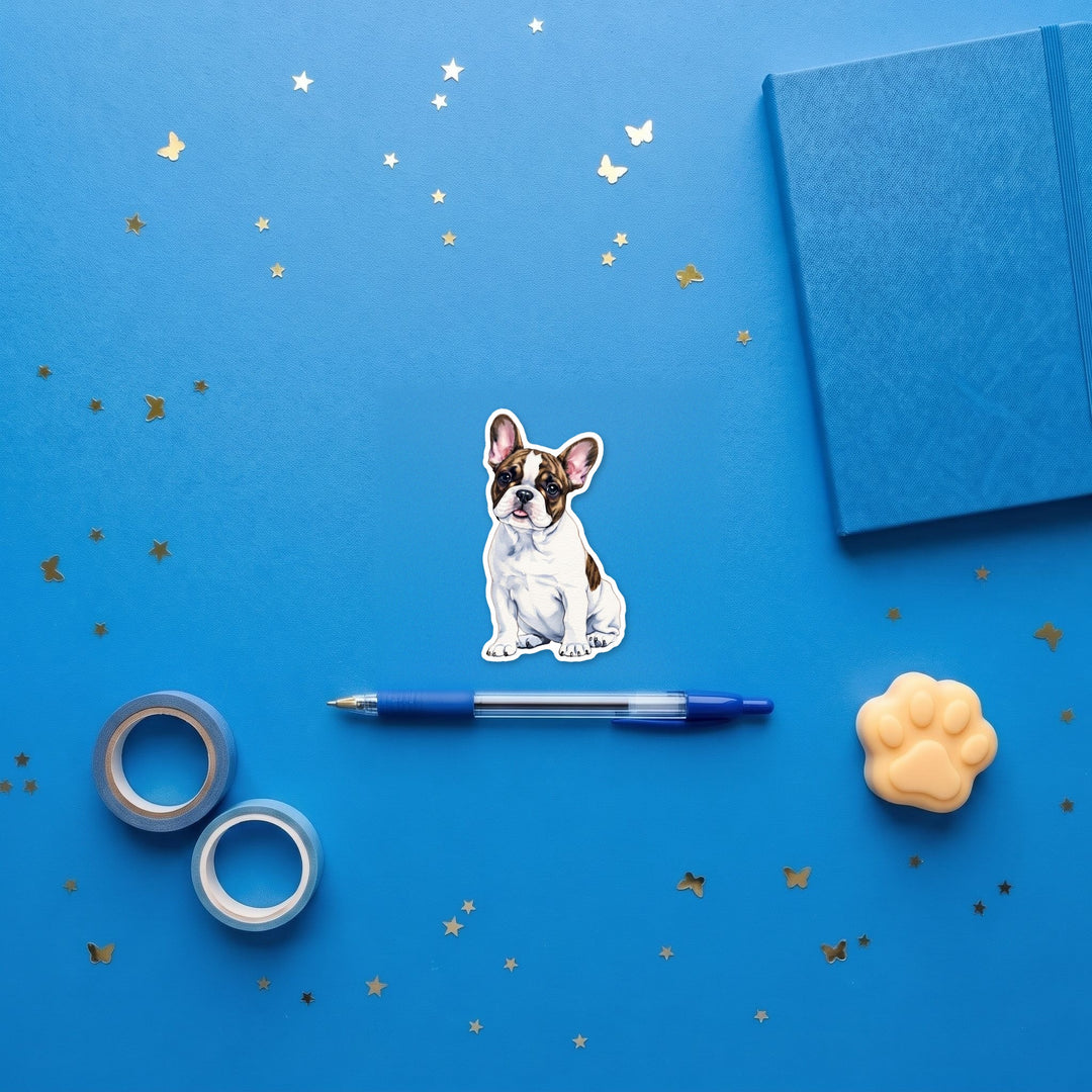 French Bulldog White and Brindle watercolor 3 inch sticker flat lay with blue stationery