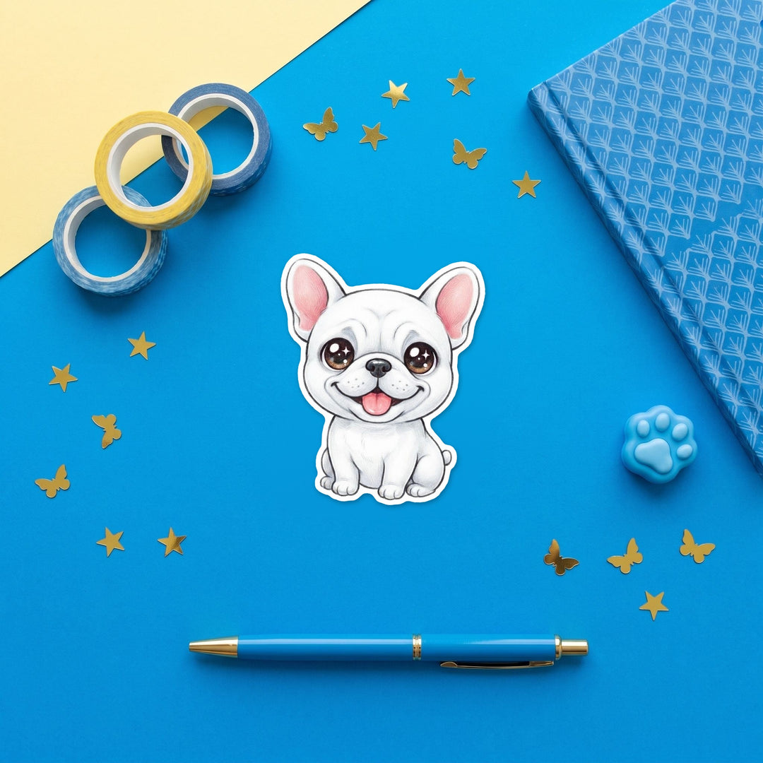 French Bulldog White kawaii 3 inch fridge magnet flat lay with blue stationery