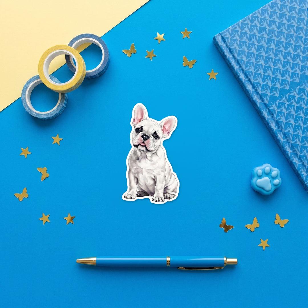 French Bulldog White watercolor 3 inch fridge magnet flat lay with blue stationery