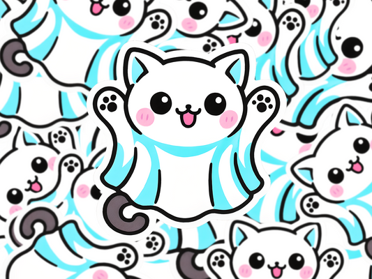 Ghost Cat Halloween Sticker, Kawaii Cat in Costume Decal, Cute Spooky Season Vinyl, White Cat Ghost Planner Sticker