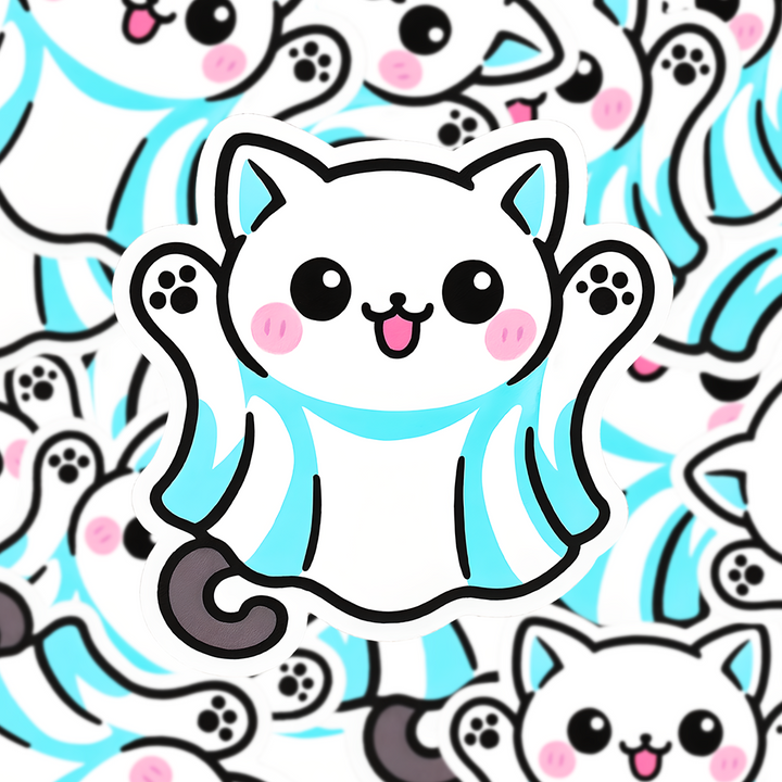 Ghost Cat Halloween Sticker, Kawaii Cat in Costume Decal, Cute Spooky Season Vinyl, White Cat Ghost Planner Sticker - Designs by Mysh