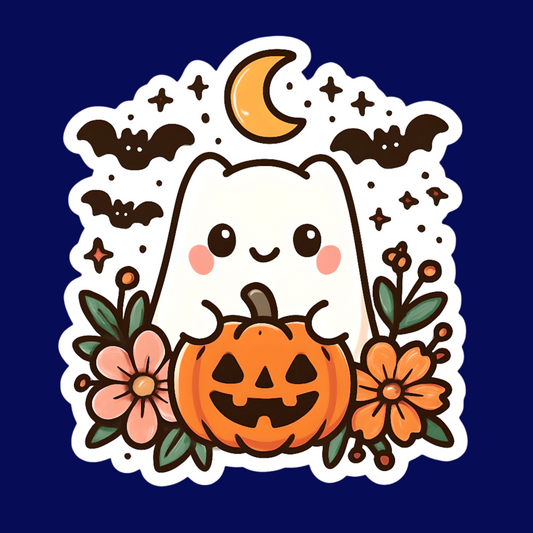 Cartoon ghost with pumpkin, flowers, bats, and a moon on a white background