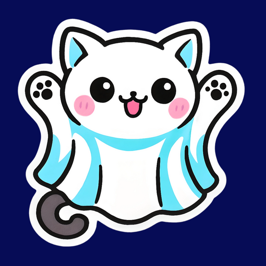 Cartoon cat with blue fur and pink cheeks on a white background