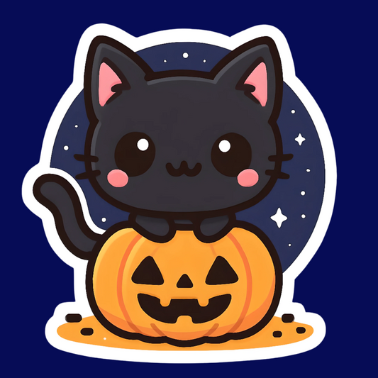 Cartoon black cat sitting on a pumpkin with a starry night background