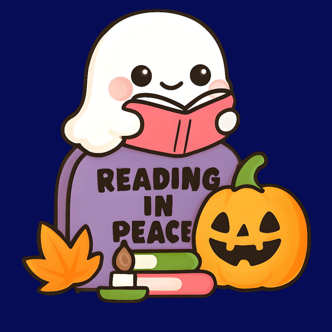 Cartoon ghost reading a book with pumpkins and leaves on a white background