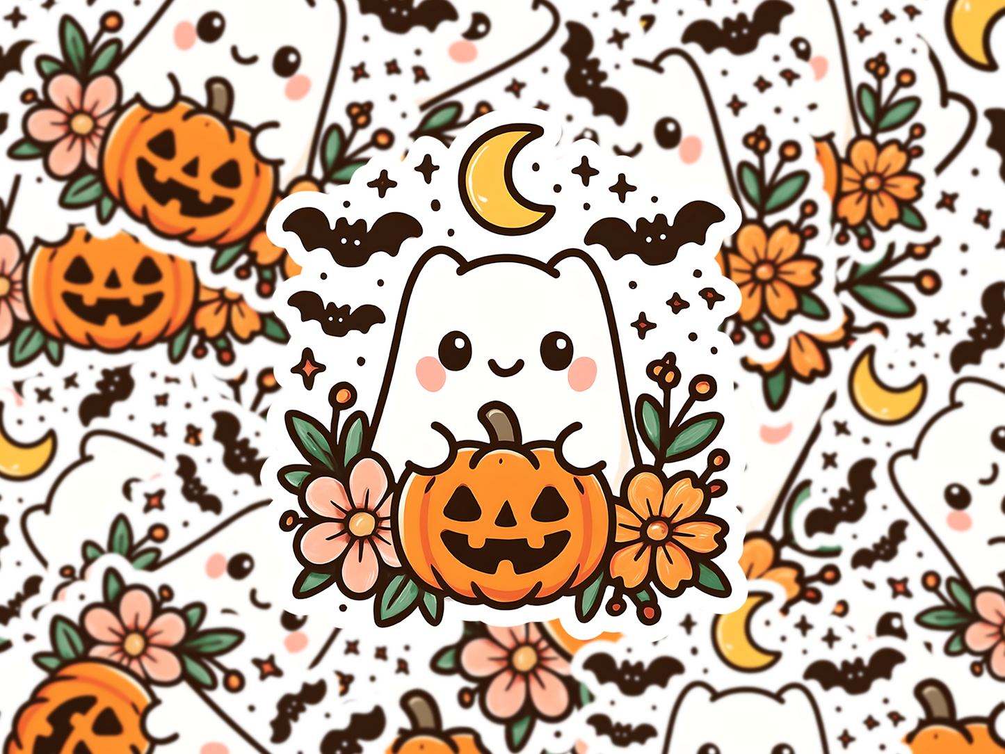 Cute Ghost Cat Halloween Sticker, Kawaii Pumpkin Ghost Decal, Floral Spooky Season Sticker, Fall Aesthetic Vinyl Sticker