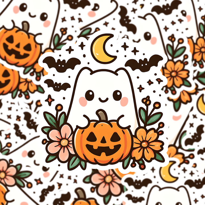 Cute Ghost Cat Halloween Sticker, Kawaii Pumpkin Ghost Decal, Floral Spooky Season Sticker, Fall Aesthetic Vinyl Sticker - Designs by Mysh