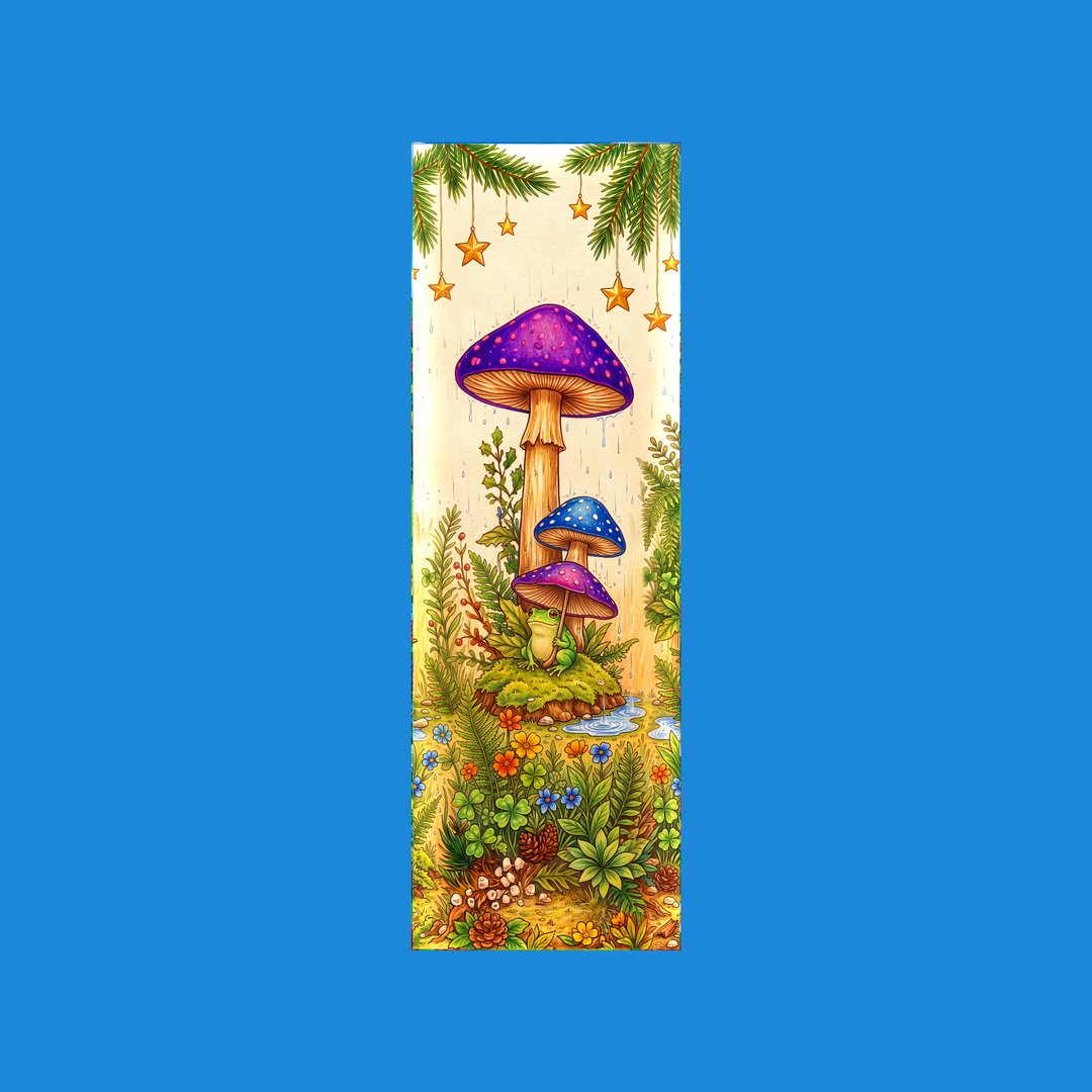 Frog mushroom 2x6 bookmark: green frog under a purple mushroom umbrella in the rain with a violet toadstool, ferns and wildflowers - colored-pencil storybook art by Designs by Mysh