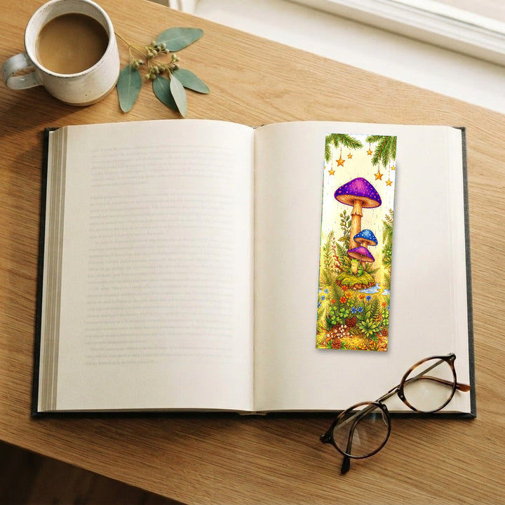 Frog Mushroom Umbrella bookmark on an open book with coffee and glasses - Designs by Mysh