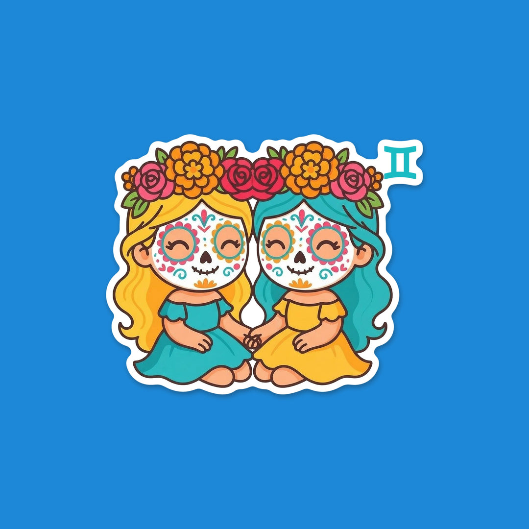 Kawaii Gemini zodiac sugar skull girls with a flower crown and the Gemini symbol Día de los Muertos vinyl sticker – Designs by Mysh