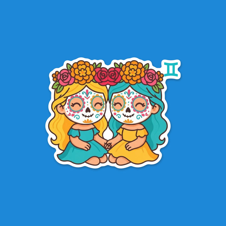 Kawaii Gemini zodiac sugar skull girls with a flower crown and the Gemini symbol Día de los Muertos vinyl sticker – Designs by Mysh