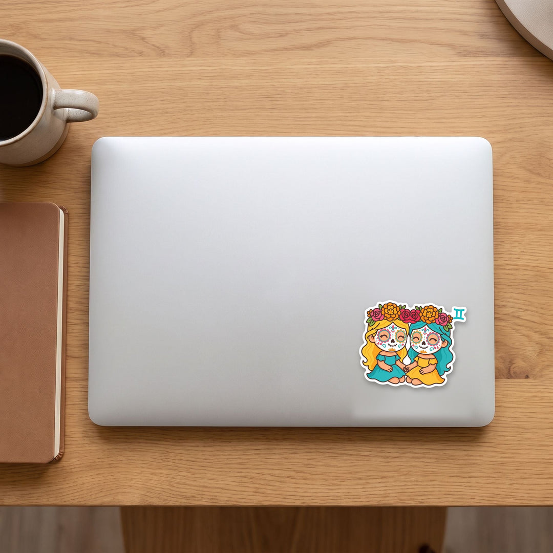 Gemini sugar skull girls vinyl sticker on a laptop lid – Designs by Mysh