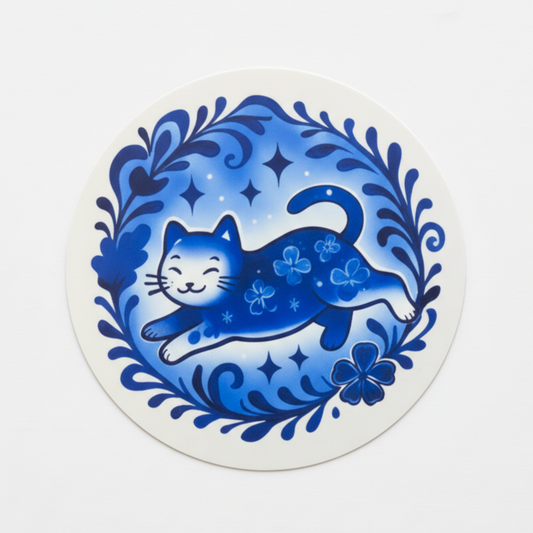Decorative coaster with a blue cat design on a white background