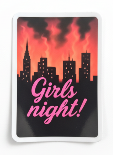 Sticker with 'Girls night!' text and cityscape design on a white background