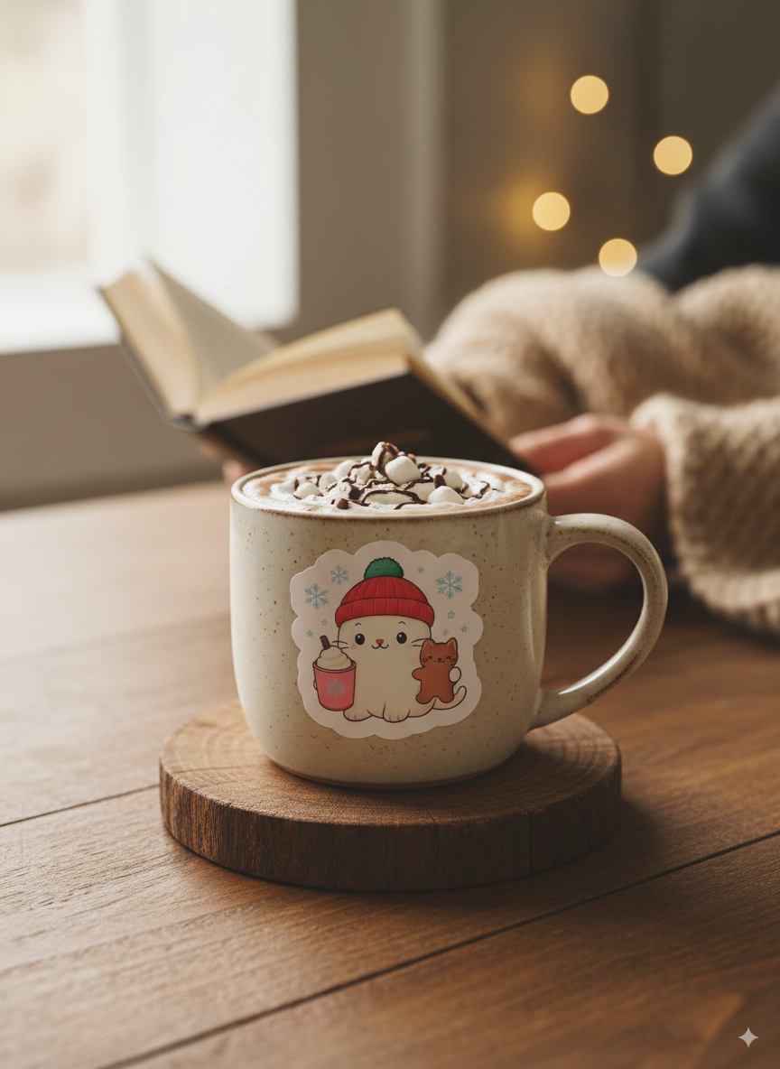 Cozy Winter Cat Vinyl Sticker – 3" Hot Cocoa &amp; Gingerbread Die-Cut Sticker - Designs by Mysh