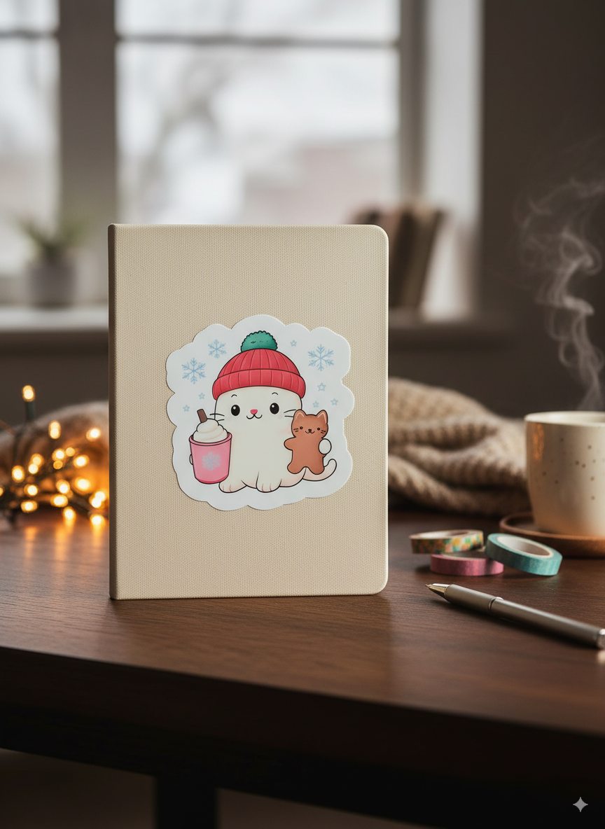 Cozy Winter Cat Vinyl Sticker – 3" Hot Cocoa & Gingerbread Die-Cut Sticker