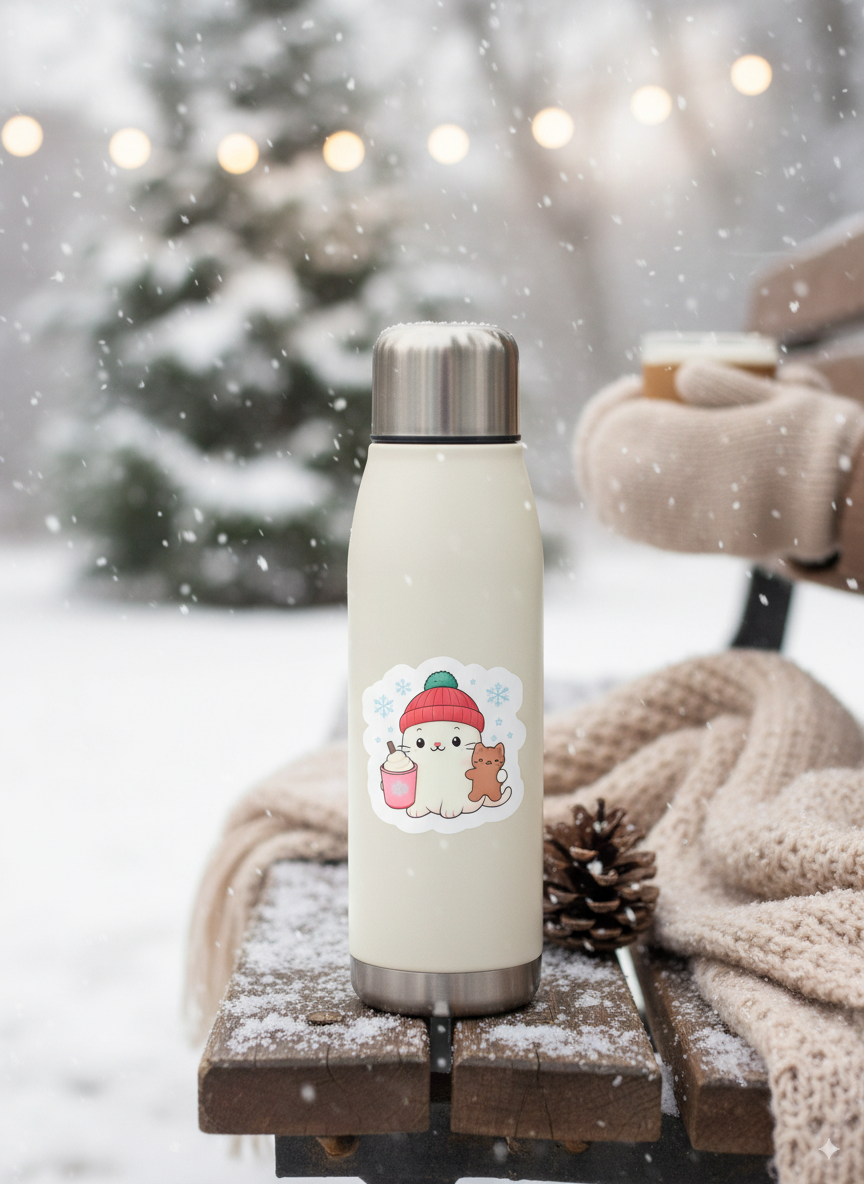 Cozy Winter Cat Vinyl Sticker – 3" Hot Cocoa &amp; Gingerbread Die-Cut Sticker - Designs by Mysh