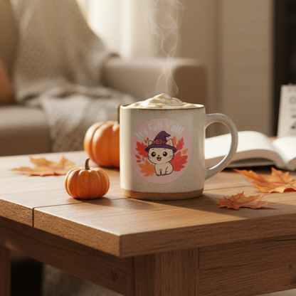 Cute white cat in witch hat with autumn leaves and text “It’s Fall Y’all” vinyl sticker