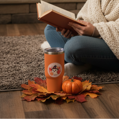 Cute white cat in witch hat with autumn leaves and text “It’s Fall Y’all” vinyl sticker
