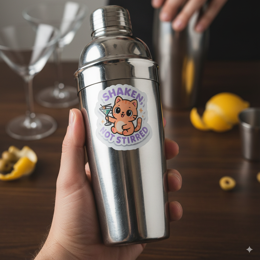 Cute orange cat holding martini with text “Shaken, Not Stirred” vinyl sticker